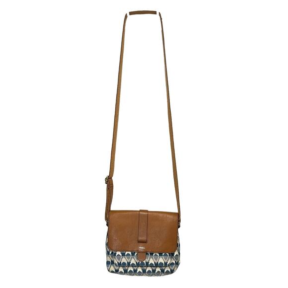 Fossil Kinley Leather Crossbody Bag Small Brown Brocade Woven Adjustable Boho - Picture 1 of 13